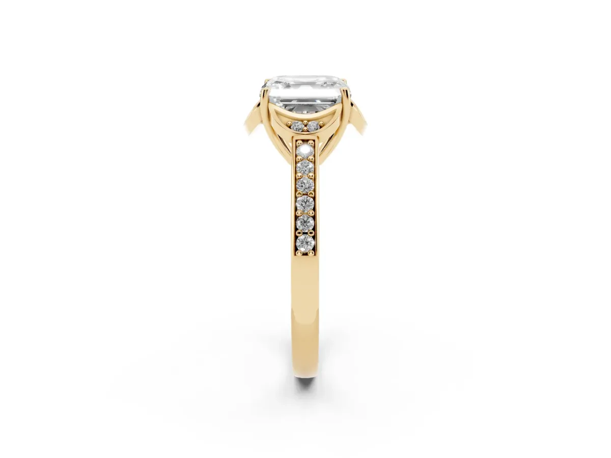 Asscher Cut Cut Halo Diamond Ring with Channel Set Band and Four-Prong Setting Yellow gold