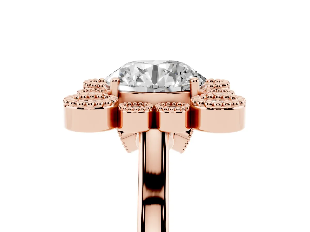 Round Cut Halo Diamond Cluster Engagement Ring with Milgrain Bezel Setting and Solitaire Band Rose gold