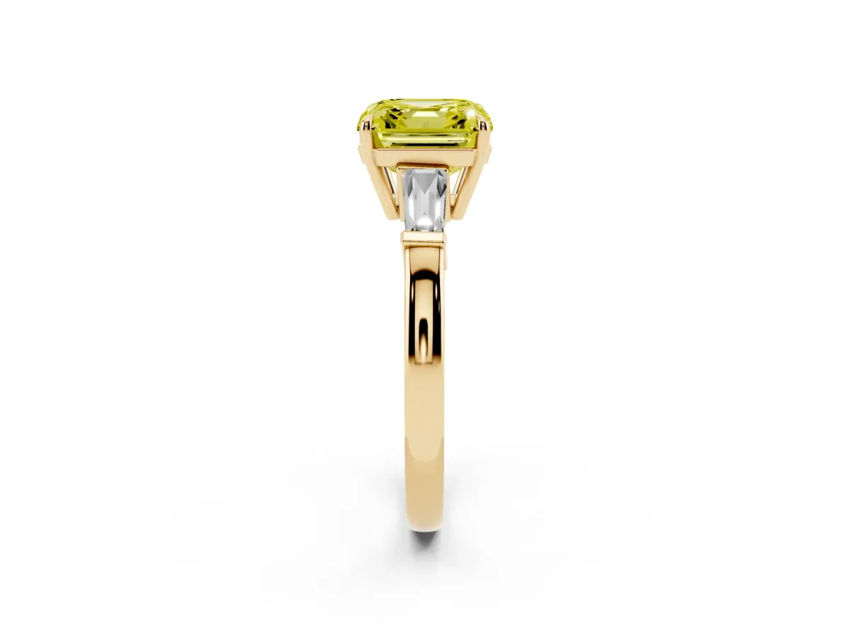 Fancy Yellow Asscher Cut Diamond Three-Stone Ring with Tapered Baguette Side Stones and Prong Setting Yellow gold