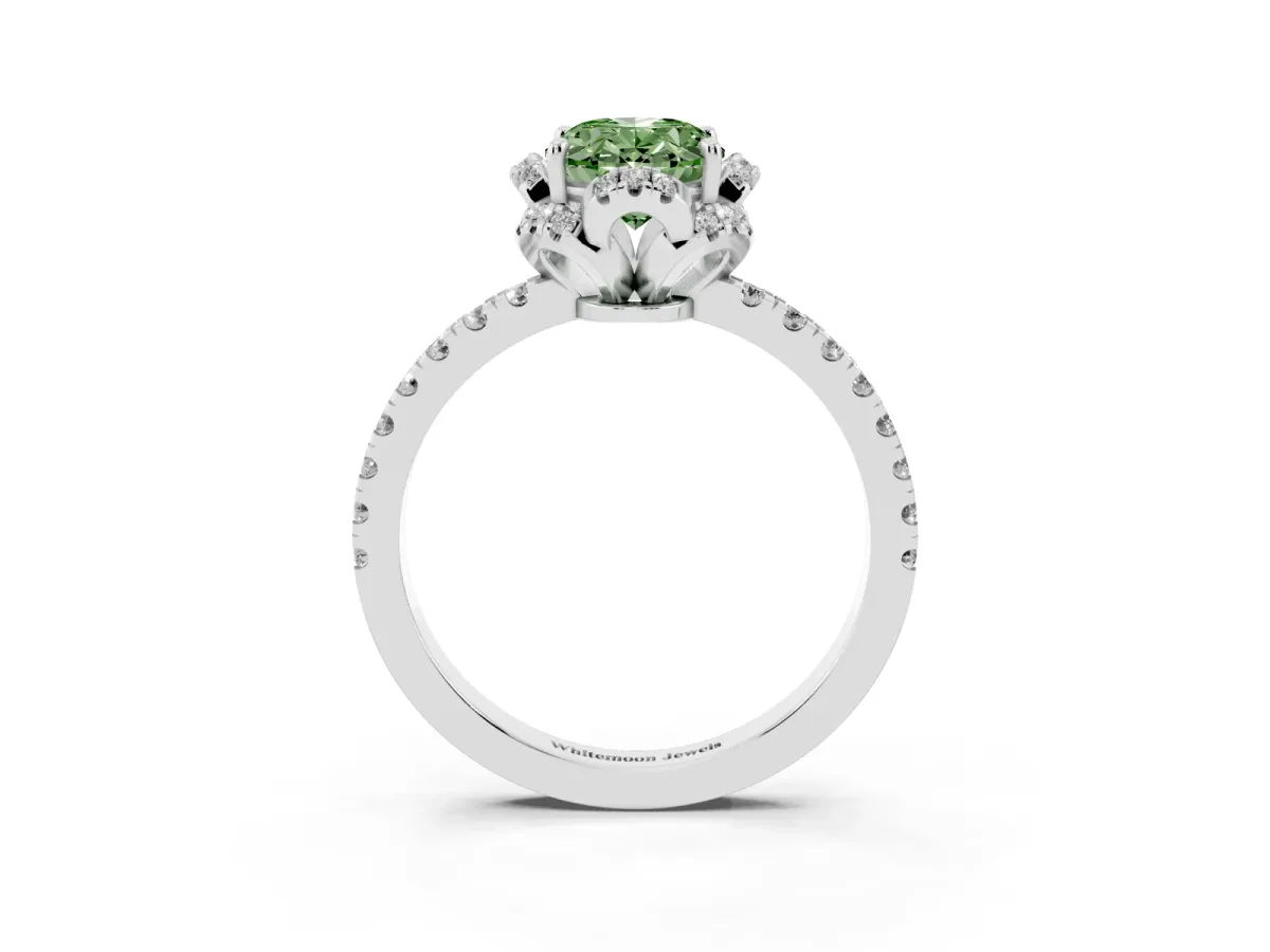 Fancy Green Oval Cut Halo Diamond Pave Band Ring with Four-Prong Setting Silver