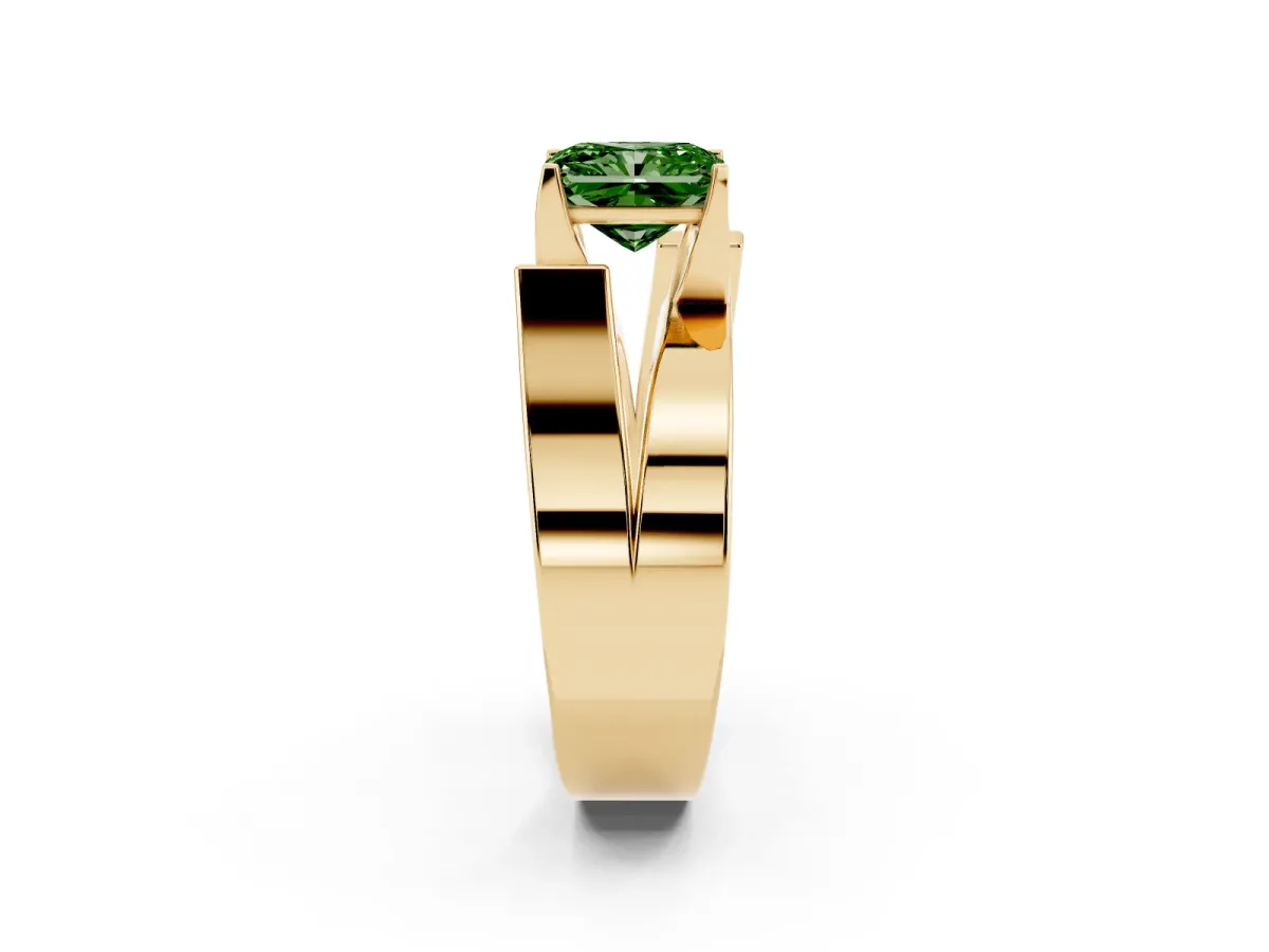 Fancy Green Modern Tension Set Radiant Cut Diamond Solitaire Wide Band Ring Yellow gold