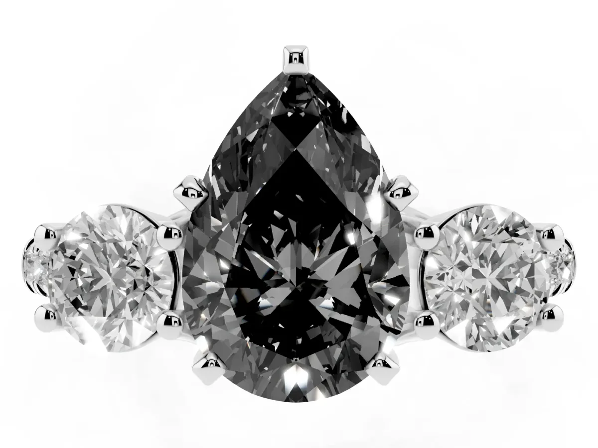 Fancy Black Three-Stone Pear Cut Diamond Pavé Band with Four-Prong Setting Silver