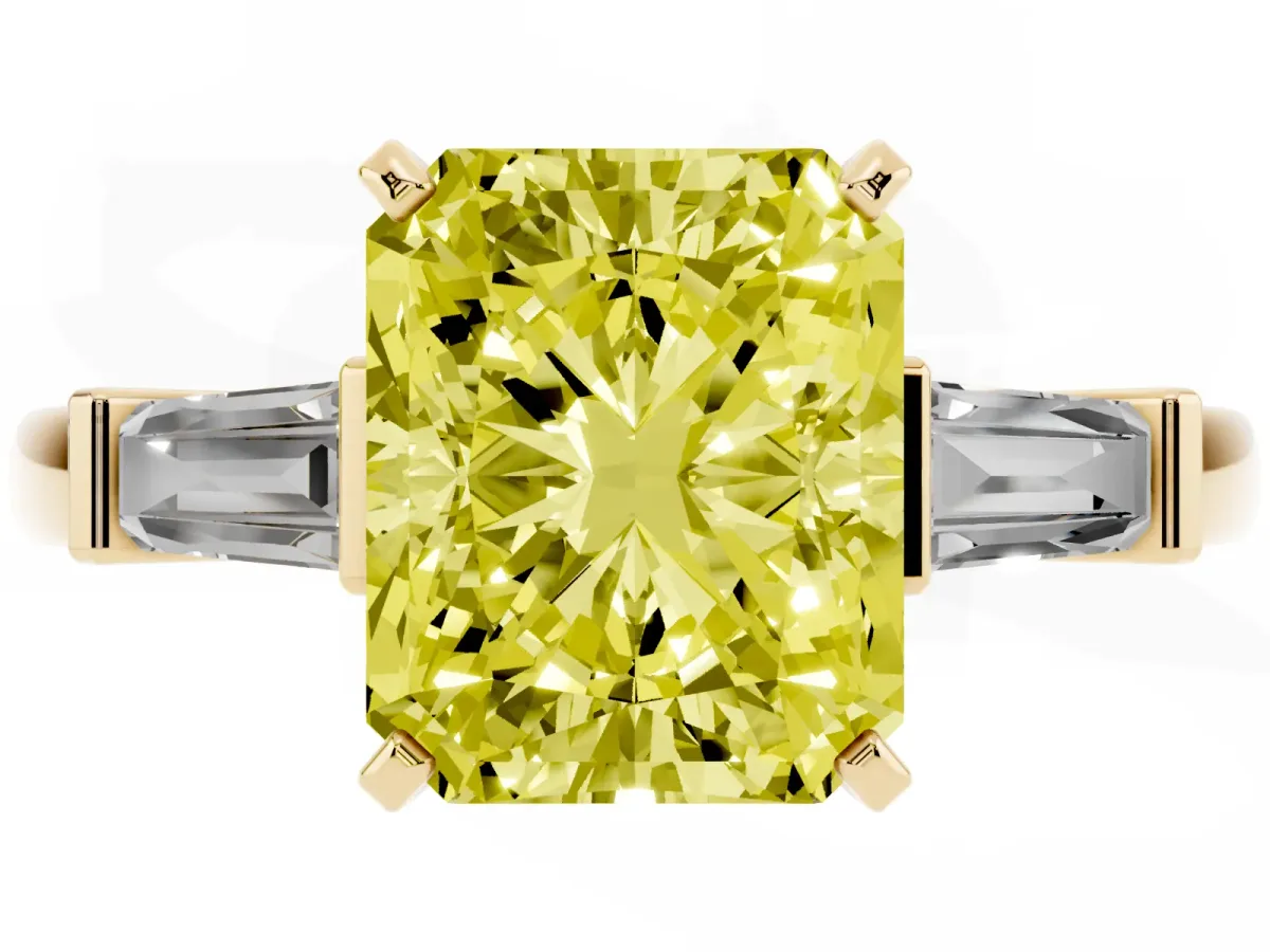 Fancy Yellow Radiant Cut Cut Diamond Solitaire Ring with Tapered Baguette Accents and Four-Prong Setting Yellow gold