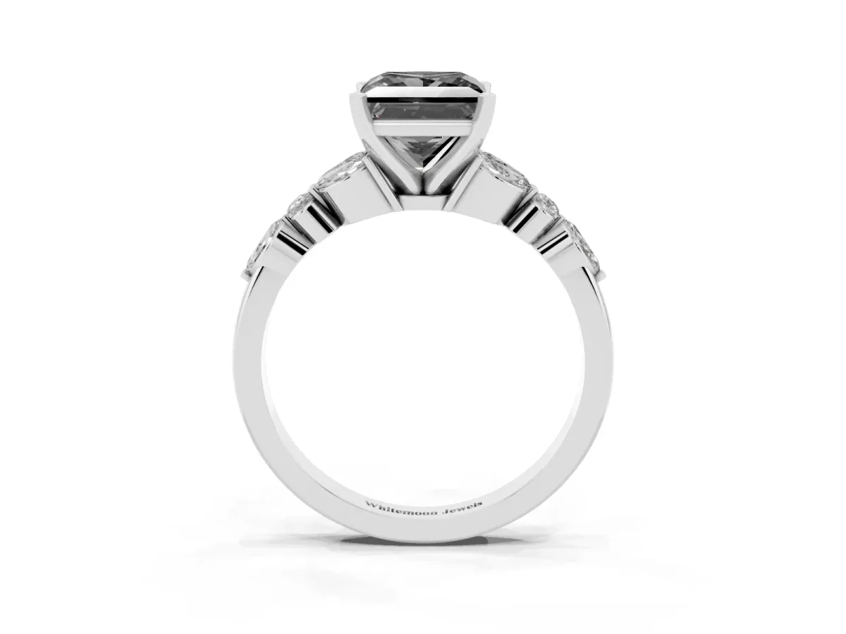 Fancy Black Princess Cut Diamond Solitaire Ring with Side Stones and Four-Prong Setting Silver