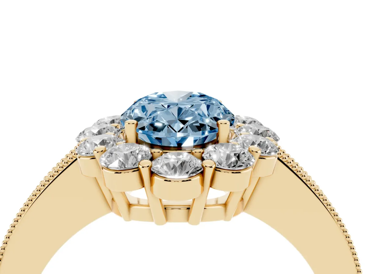 Fancy Blue Oval Cut Cut Halo Diamond Pavé Engagement Ring with Milgrain Detailing Yellow gold
