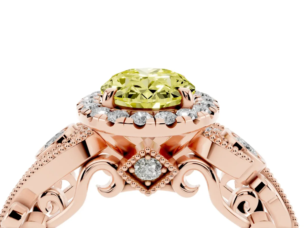 Fancy Yellow Oval Cut Halo Diamond Ring with Milgrain and Bezel Accents on a Split Shank Band Rose gold