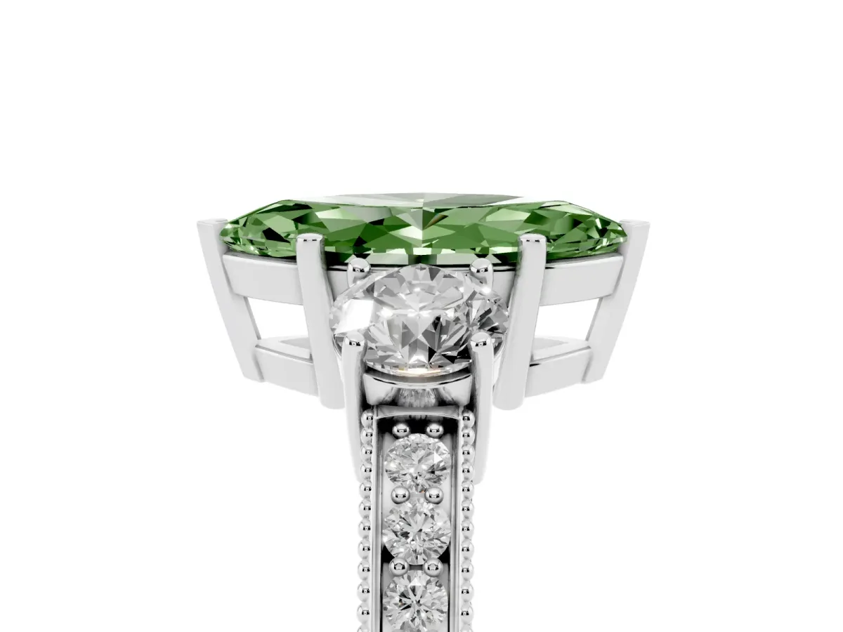 Fancy Green Marquise Cut Three-Stone Diamond Ring with Pavé Band and Four-Prong Setting Silver