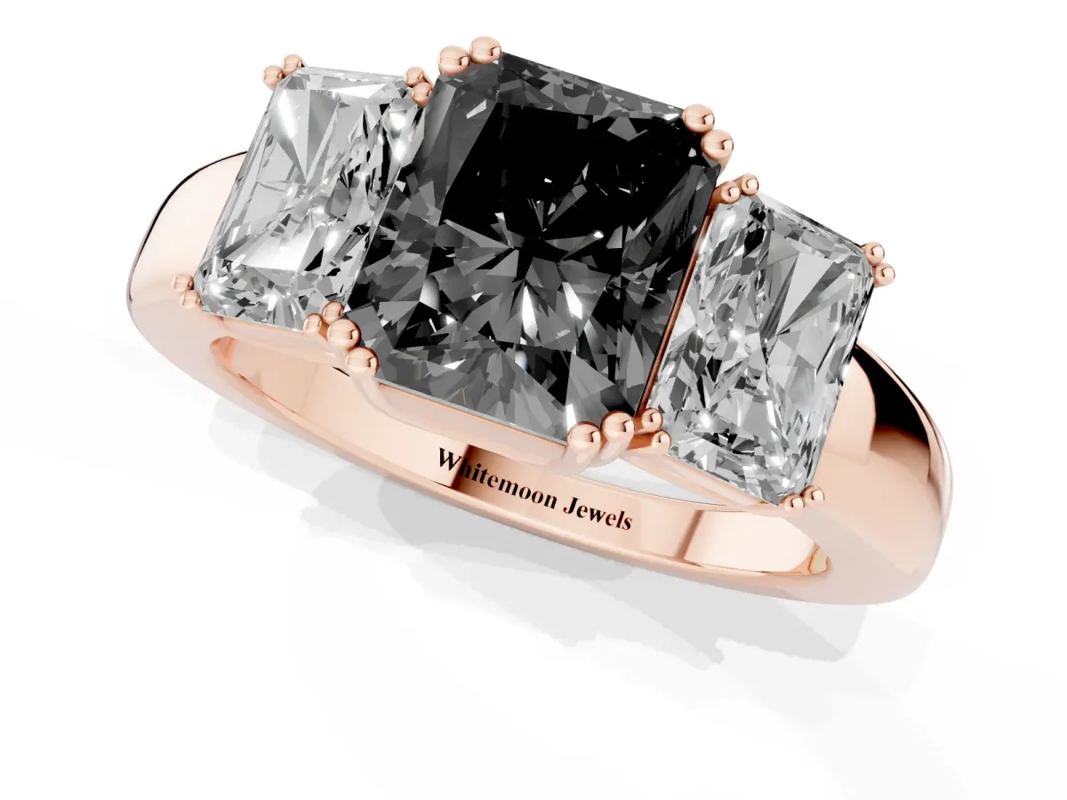 Fancy Black Three-Stone Radiant Cut Cut Diamond Ring with Channel Set Band and Four-Prong Setting Rose gold