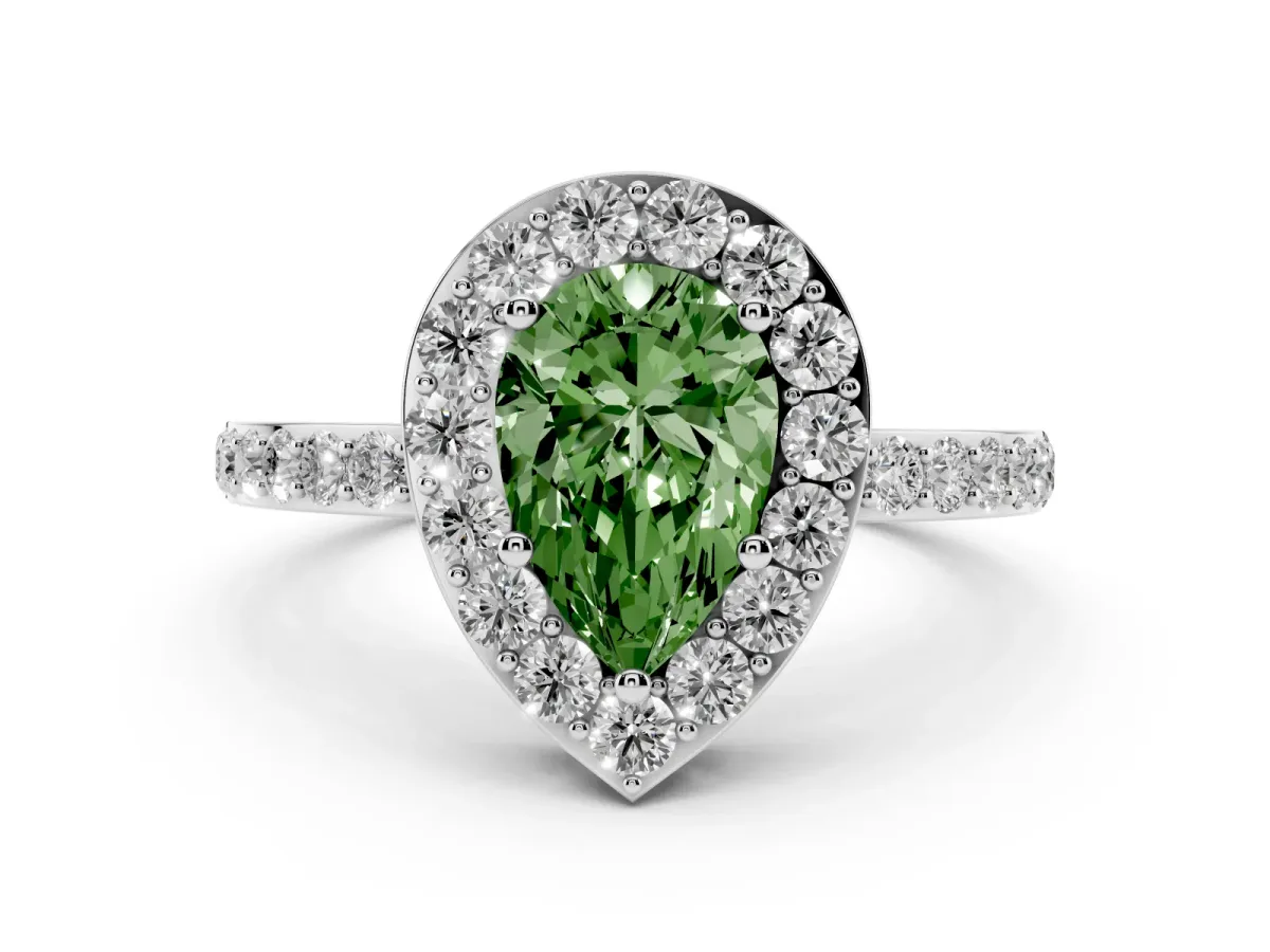 Fancy Green Pear Cut Halo Diamond Pavé Band Ring with Prong Setting Silver