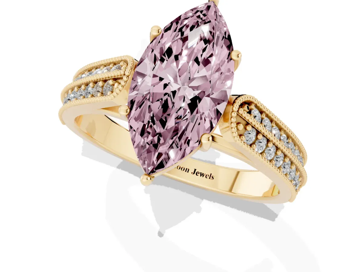 Fancy Pink Marquise Cut Cut Pave Split Shank Engagement Ring with Four-Prong Setting Yellow gold