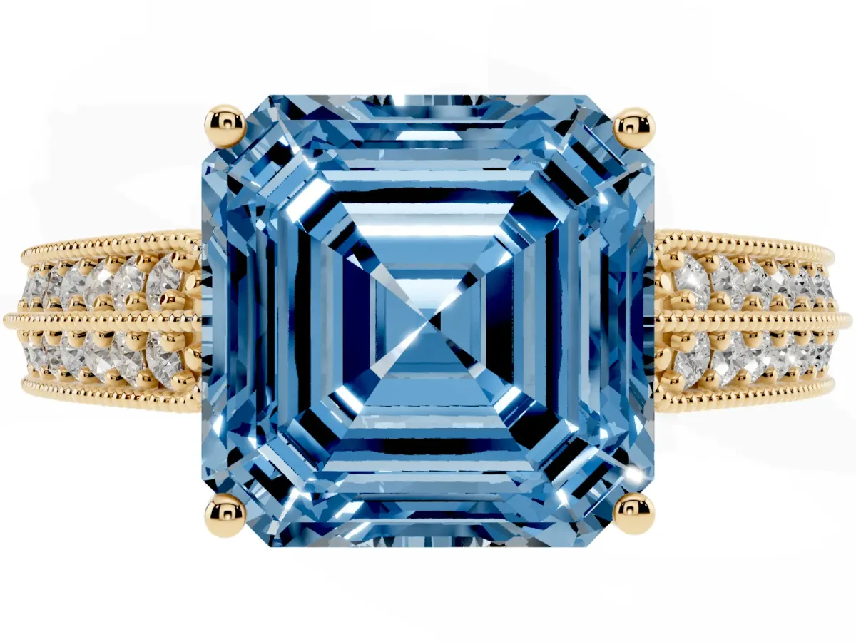 Fancy Blue Asscher Cut Cut Pave Split Shank Engagement Ring with Four-Prong Setting Yellow gold