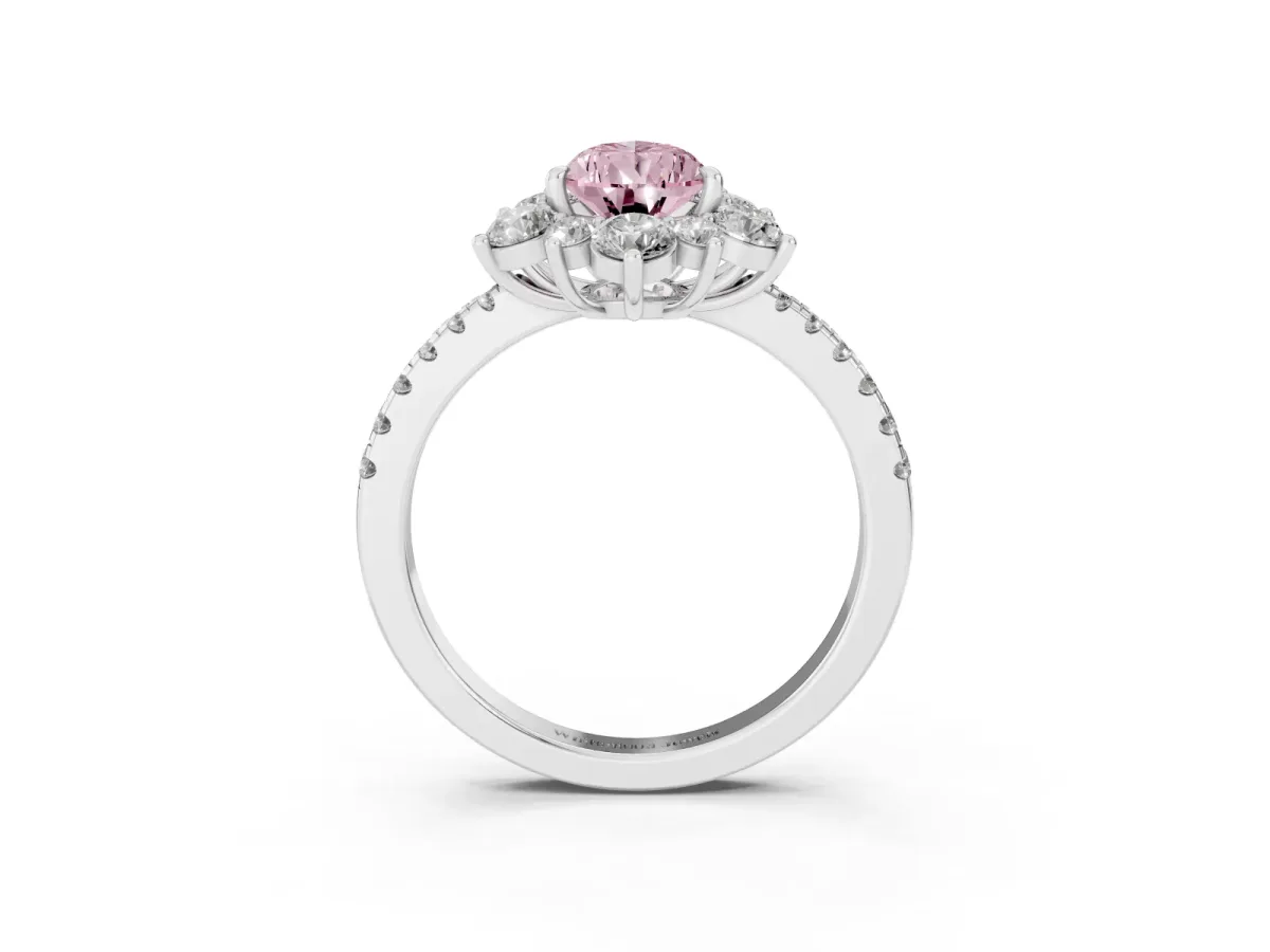Fancy Pink Pear Cut Diamond Floral Halo Ring with Round Pavé Band and Prong Setting Platinum