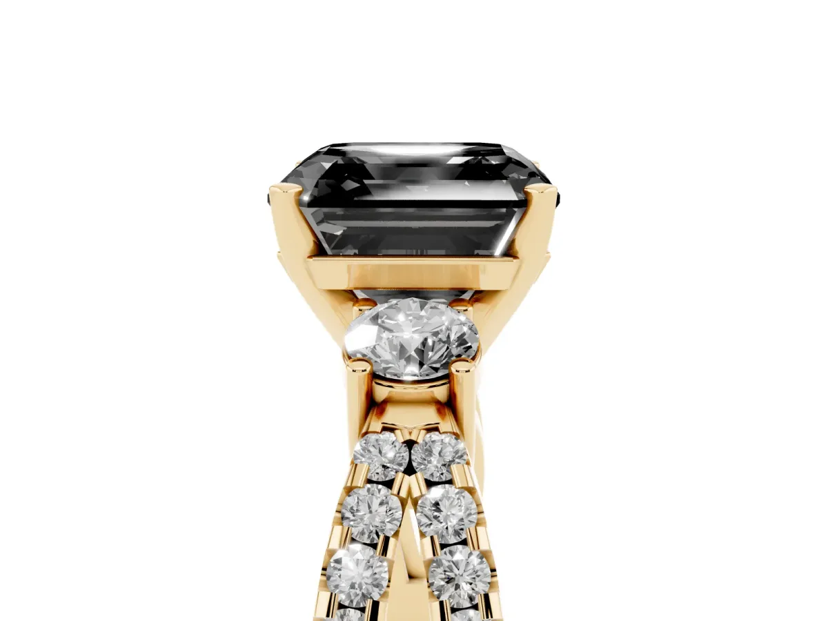 Fancy Black Asscher Cut Diamond Three-Stone Ring with Pavé Split Shank and Four-Prong Setting Yellow gold