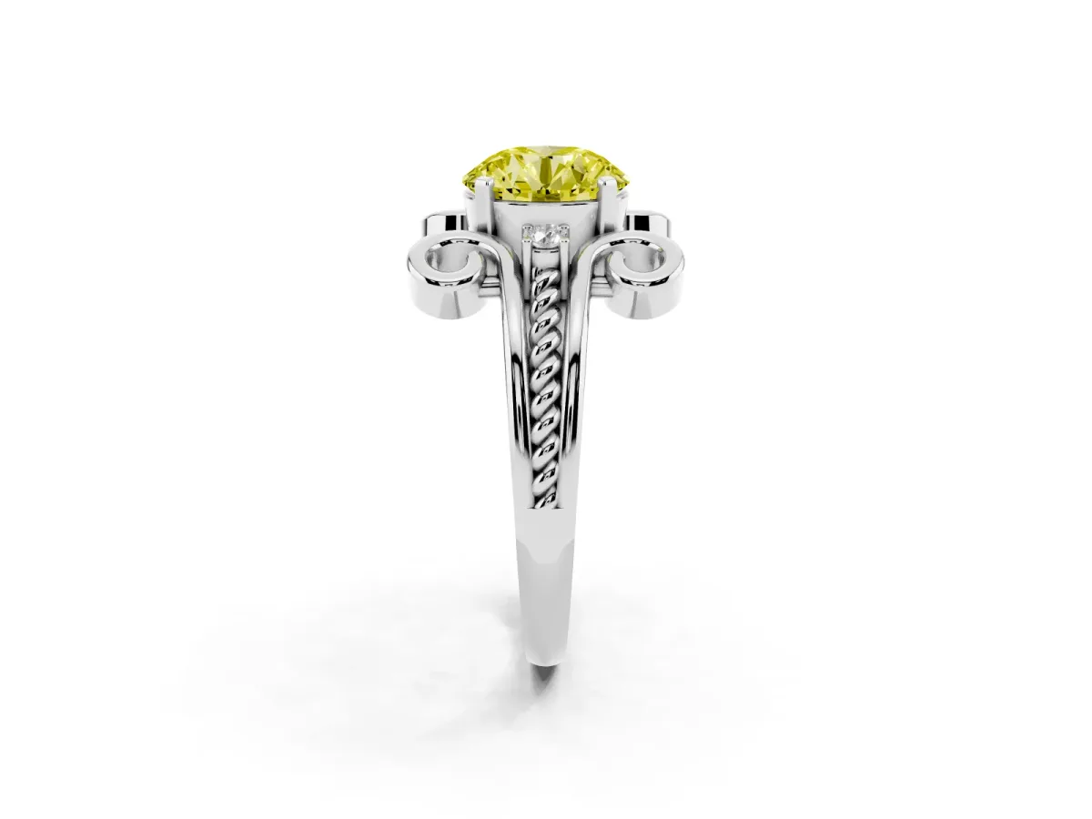 Fancy Yellow Round Cut Solitaire Twisted Band Scroll Prong Ring Silver