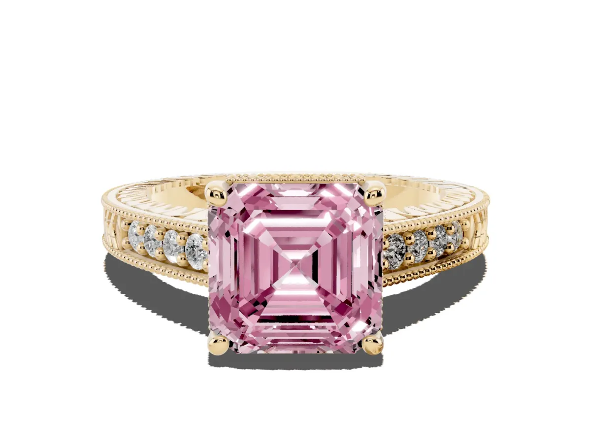 Fancy Pink Asscher Cut Solitaire Pavé Diamond Milgrain Engagement Ring with Four-Prong Setting Yellow gold