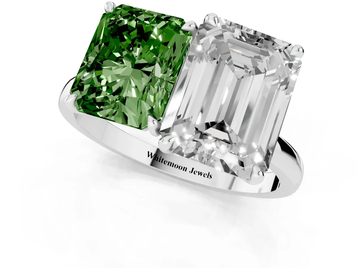 Fancy Green Radiant Cut and Emerald Cut Toi Moi Ring with Prong Setting Platinum