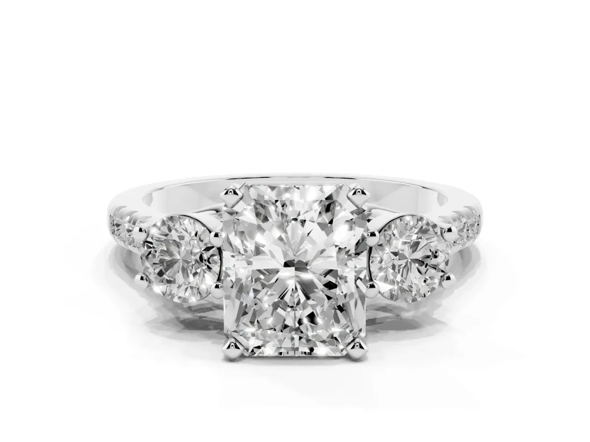 Three-Stone Radiant Cut Diamond Pavé Band with Four-Prong Setting Silver