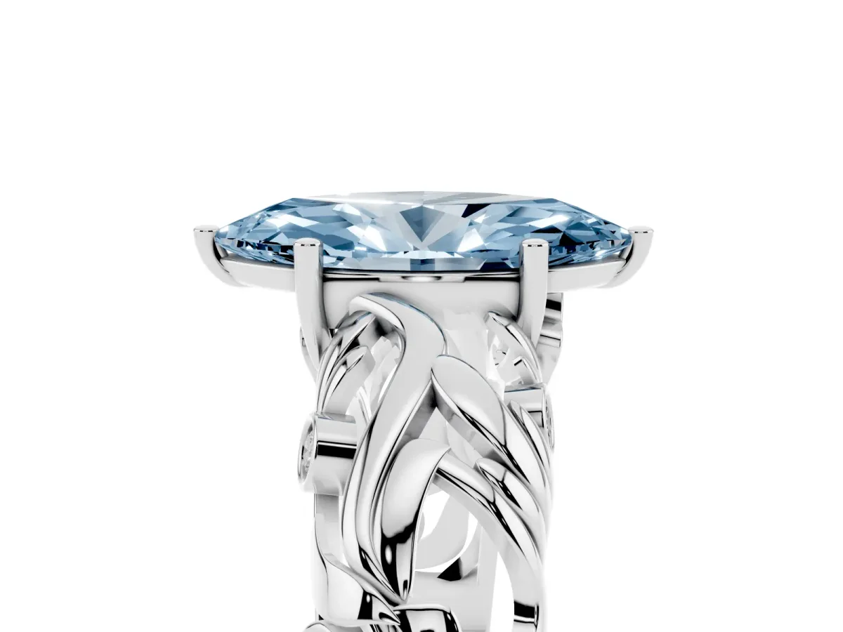 Fancy Blue Marquise Cut Solitaire Diamond Leaf-Inspired Vine Band Ring with Prong Setting Silver