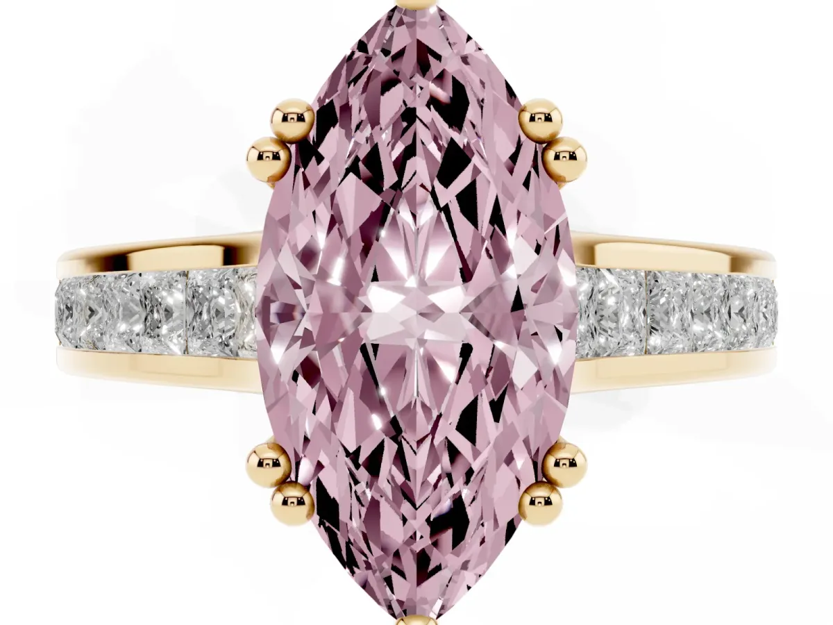 Fancy Pink Marquise Cut Cut Channel Set Solitaire Engagement Ring with Prong Setting Yellow gold