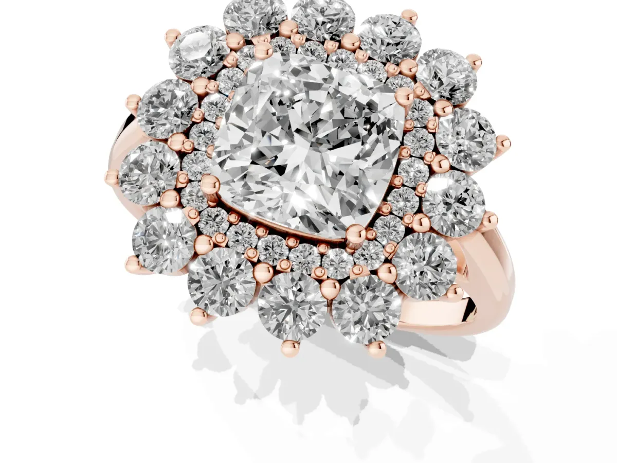 Cushion Cut Diamond Floral Double Halo Engagement Ring with Prong Setting Rose gold