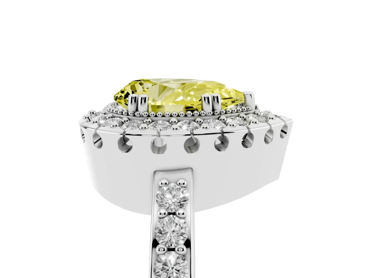 Fancy Yellow Pear Cut Diamond Halo Ring with Pavé Band and Prong Setting Platinum