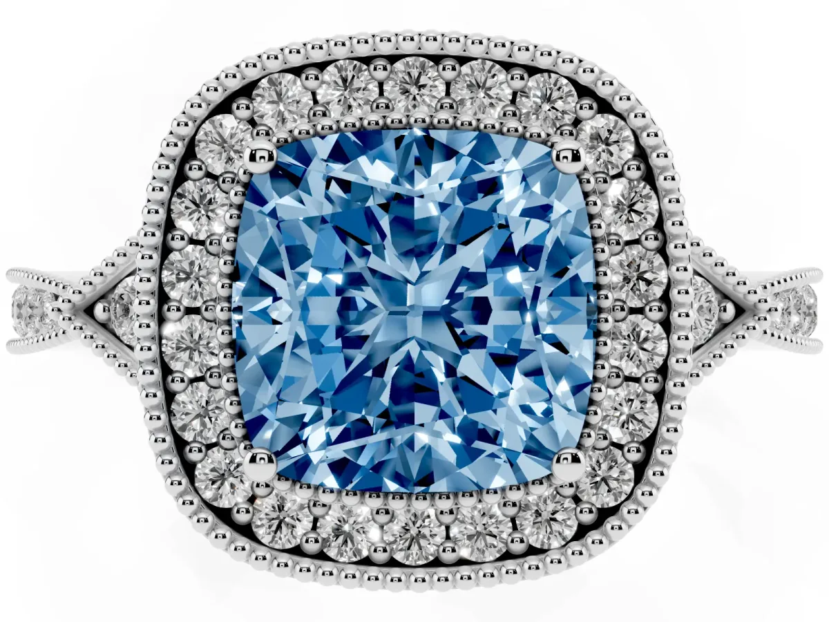 Fancy Blue Cushion Cut Halo Round Diamond Milgrain Pave Engagement Ring Platinum