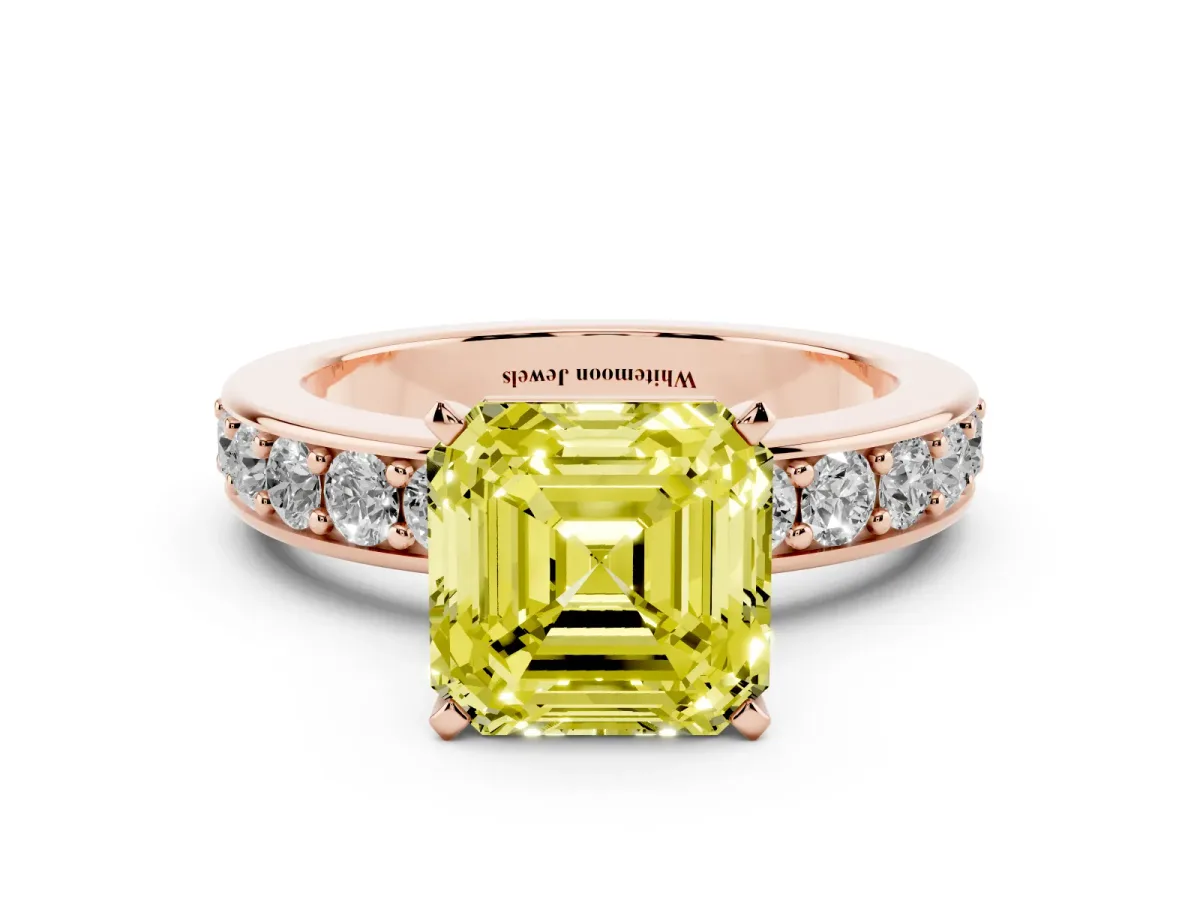 Fancy Yellow Asscher Cut Diamond Engagement Ring with Channel Set Round Band and Prong Setting Rose gold