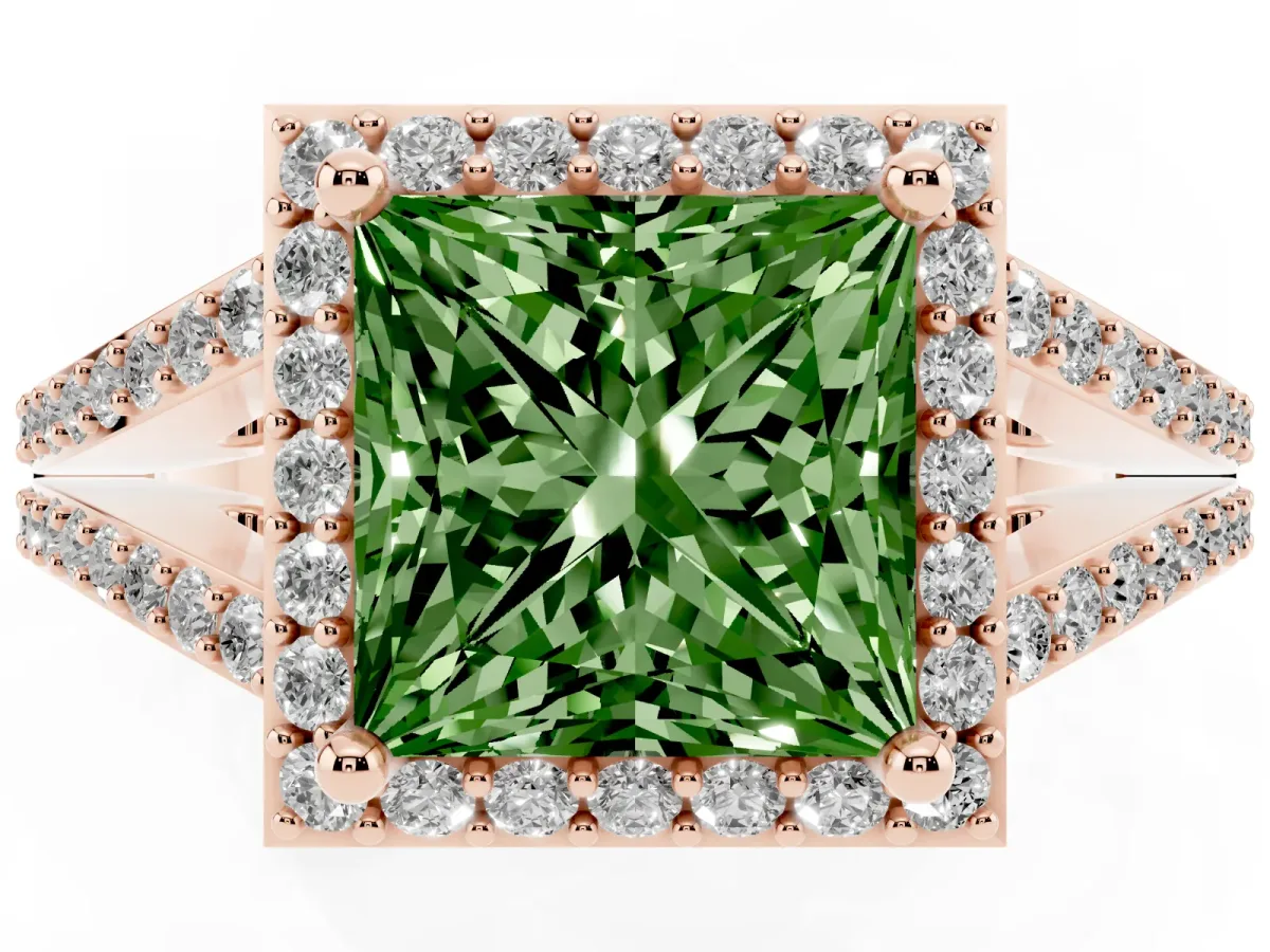 Fancy Green Princess Cut Halo Split Shank Diamond Ring with Prong Setting Rose gold