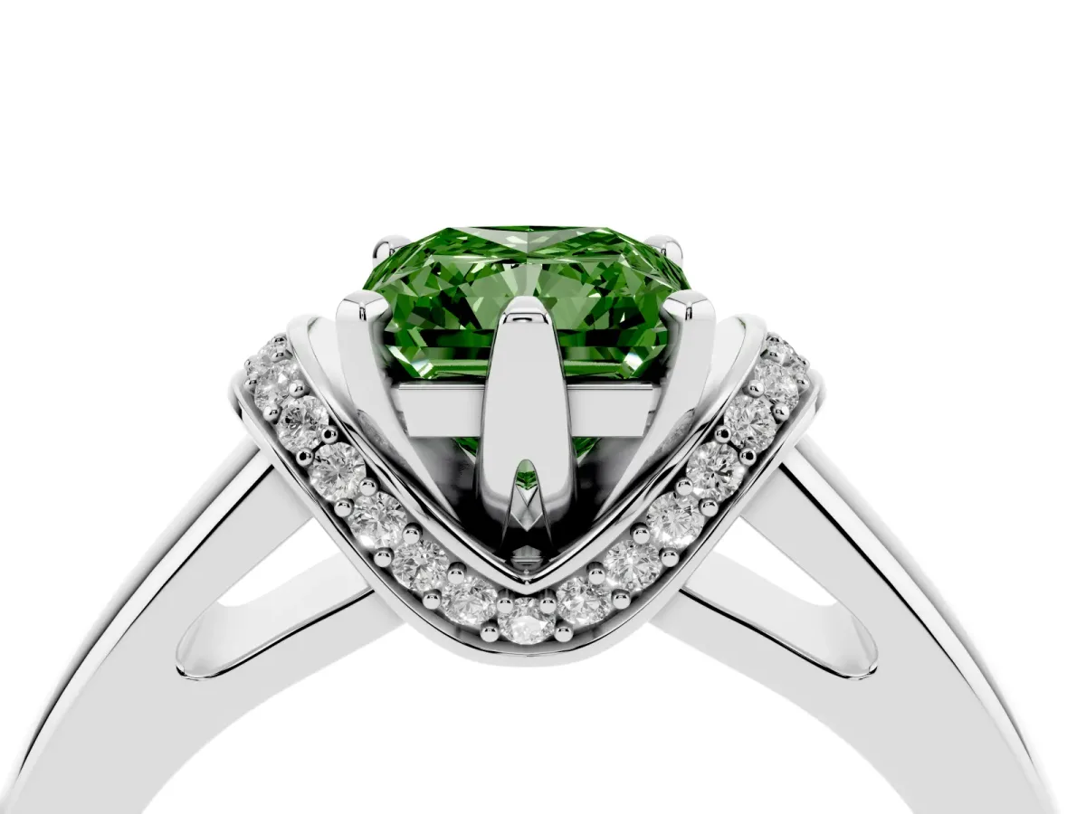 Fancy Green Radiant Cut Solitaire Diamond Ring with Pave Band and Six-Prong Setting White gold