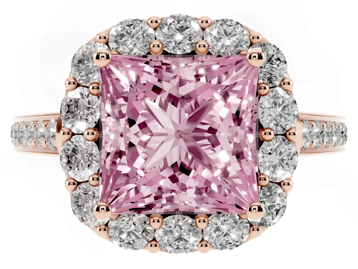Fancy Pink Princess Cut Diamond Floral Halo Ring with Pavé Band and Prong Setting Rose gold