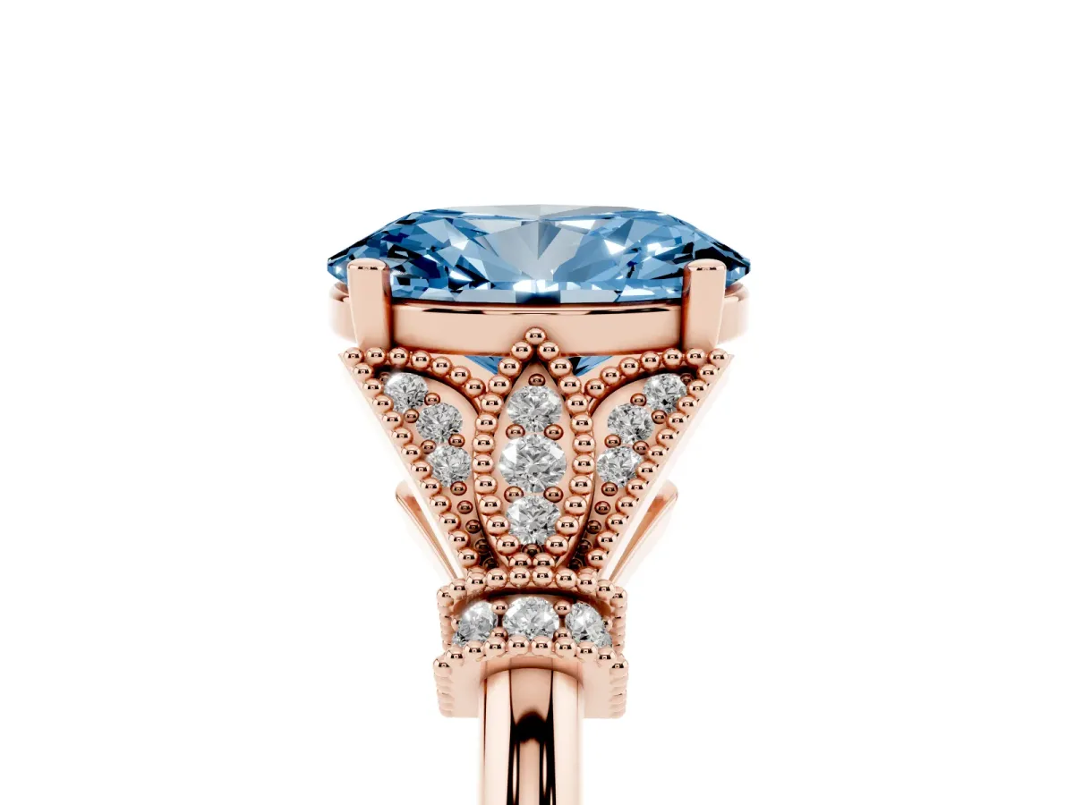 Fancy Blue Oval Cut Diamond Solitaire Ring with Floral Filigree and Pave Accents Rose gold