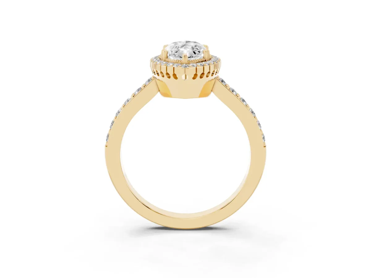 Marquise Cut Cut Diamond Halo Engagement Ring with Milgrain Detail and Pavé Band Yellow gold