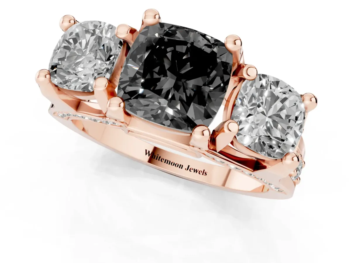 Fancy Black Cushion Cut Diamond Three-Stone Ring with Channel Set Band and Four-Prong Setting Rose gold