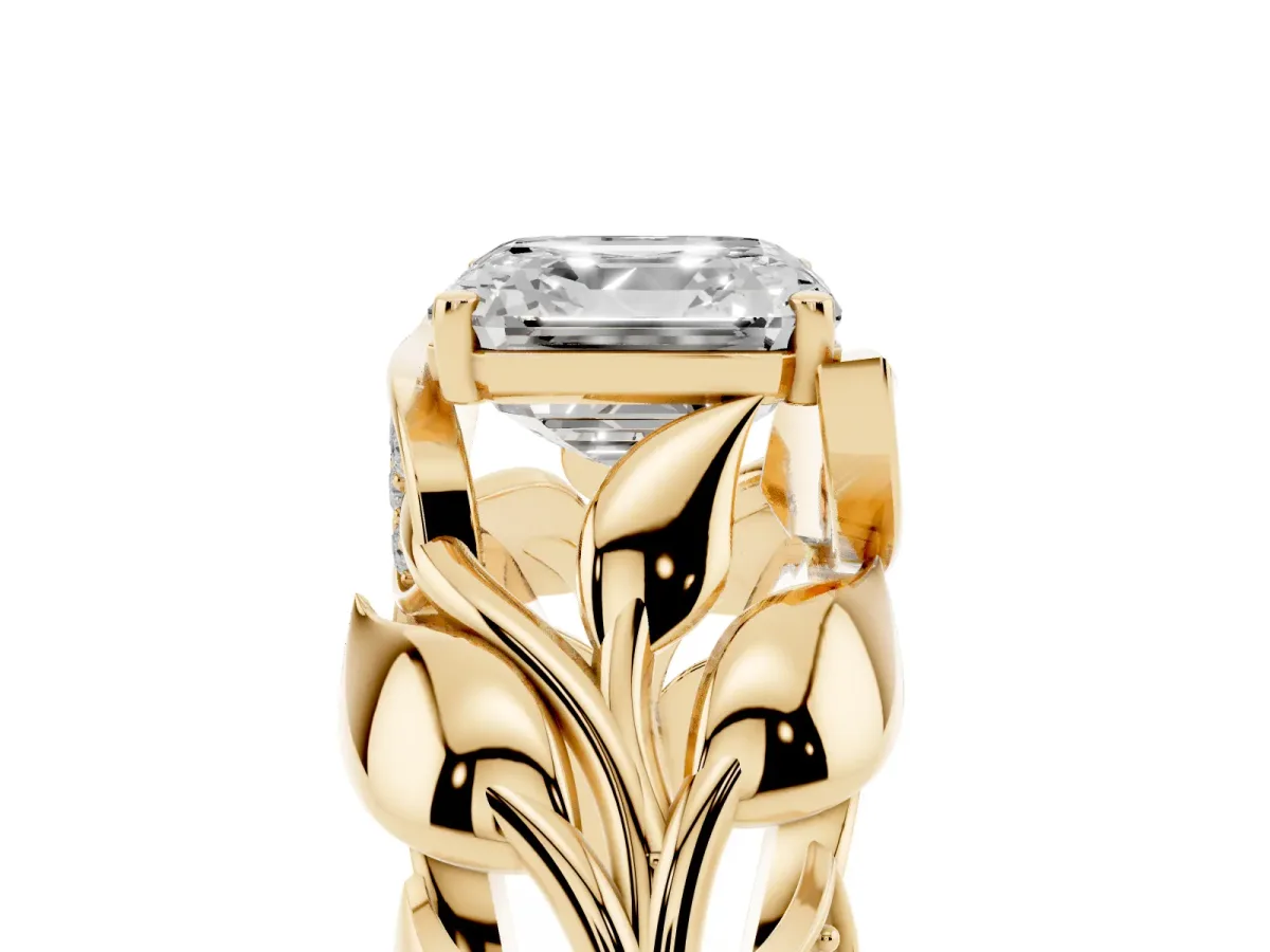 Asscher Cut Diamond Leaf-Inspired Engagement Ring with Round Accents and Prong Setting Yellow gold