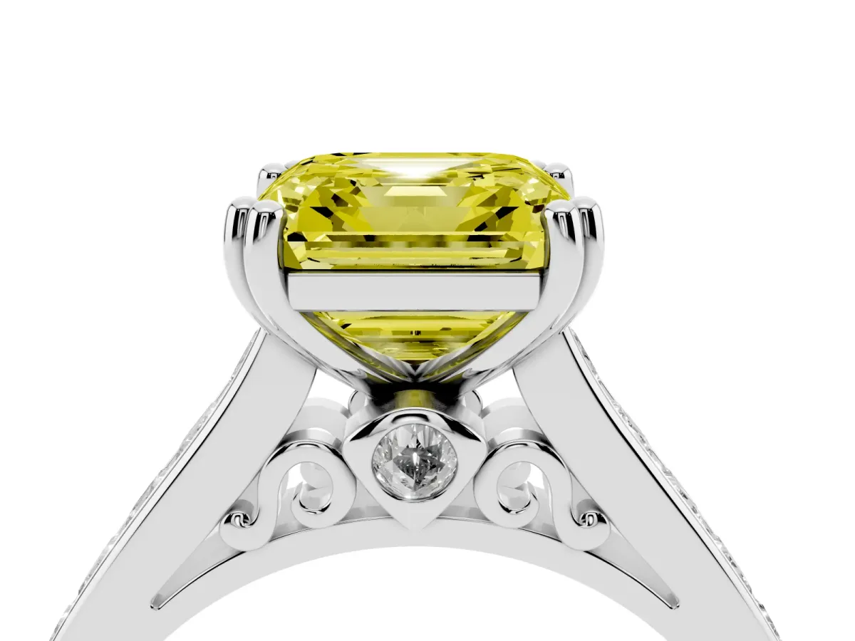 Fancy Yellow Asscher Cut Cut Channel Set Solitaire Engagement Ring with Prong Setting Silver