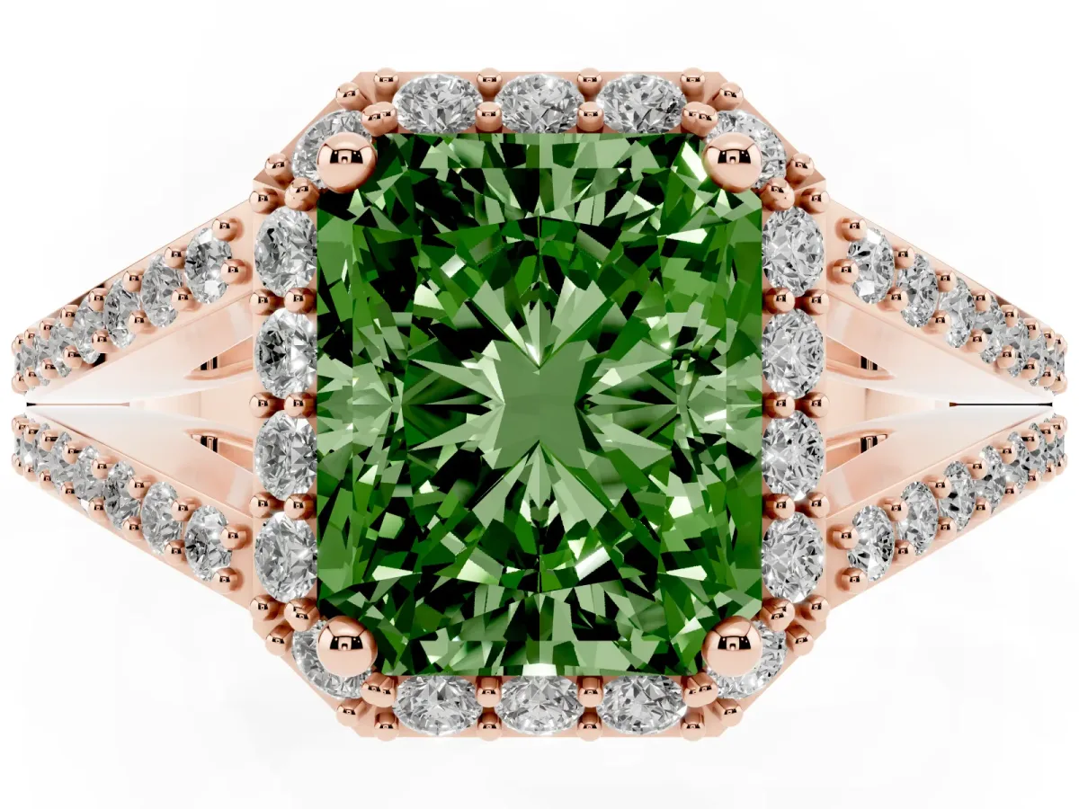 Fancy Green Radiant Cut Halo Split Shank Pave Diamond Ring with Four-Prong Setting Rose gold