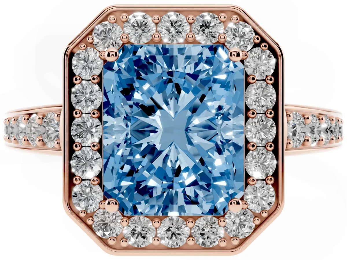 Fancy Blue Radiant Cut Halo Pavé Diamond Engagement Ring with Bezel Setting Rose gold