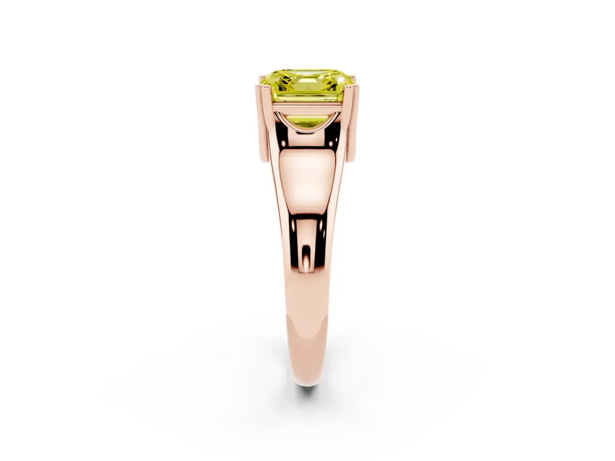 Fancy Yellow Asscher Cut Diamond Solitaire Ring with Wide Band and Prong Setting Rose gold