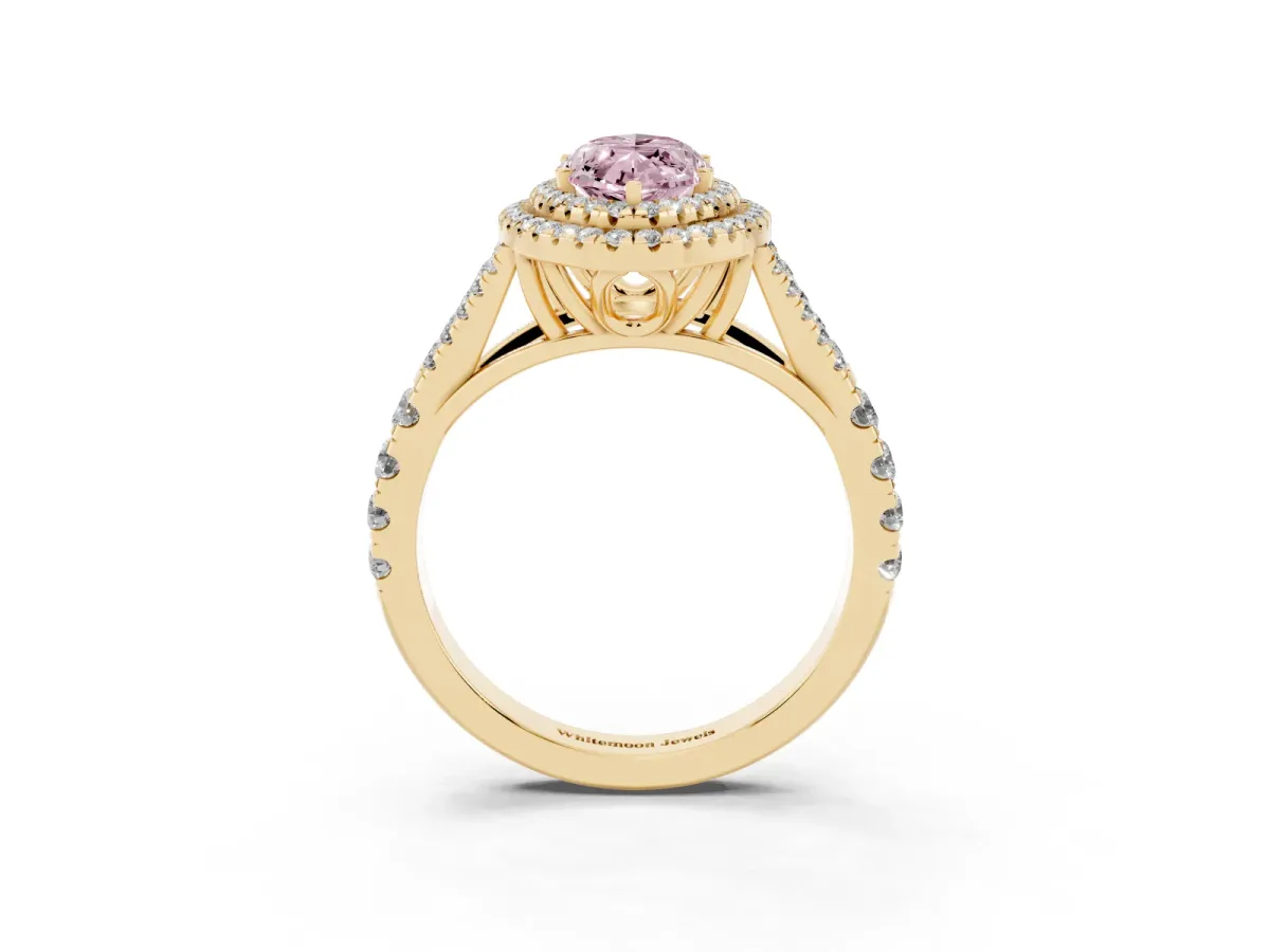 Fancy Pink Marquise Cut Diamond Pavé Split Shank Double Halo Engagement Ring Yellow gold