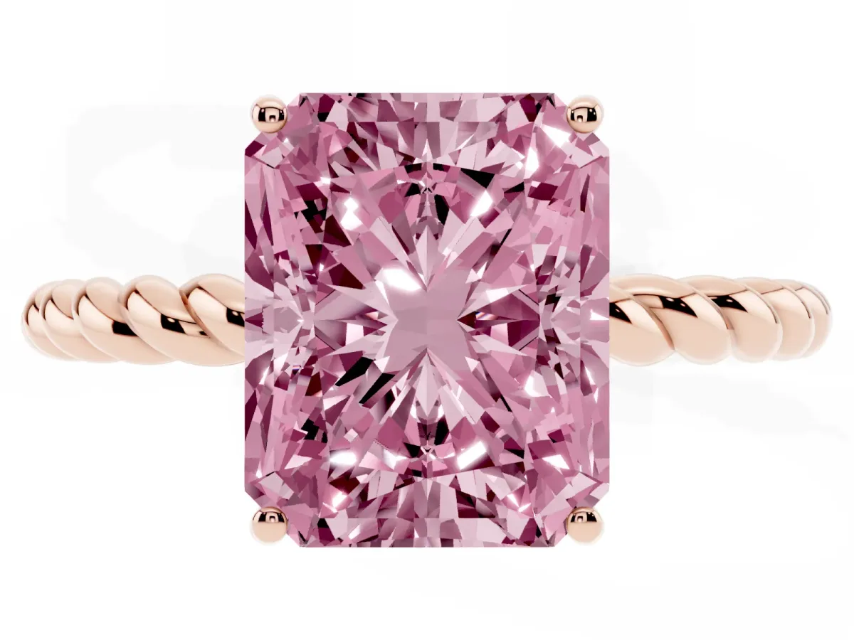 Fancy Pink Radiant Cut Solitaire Twist Band Ring with Four-Prong Setting Rose gold