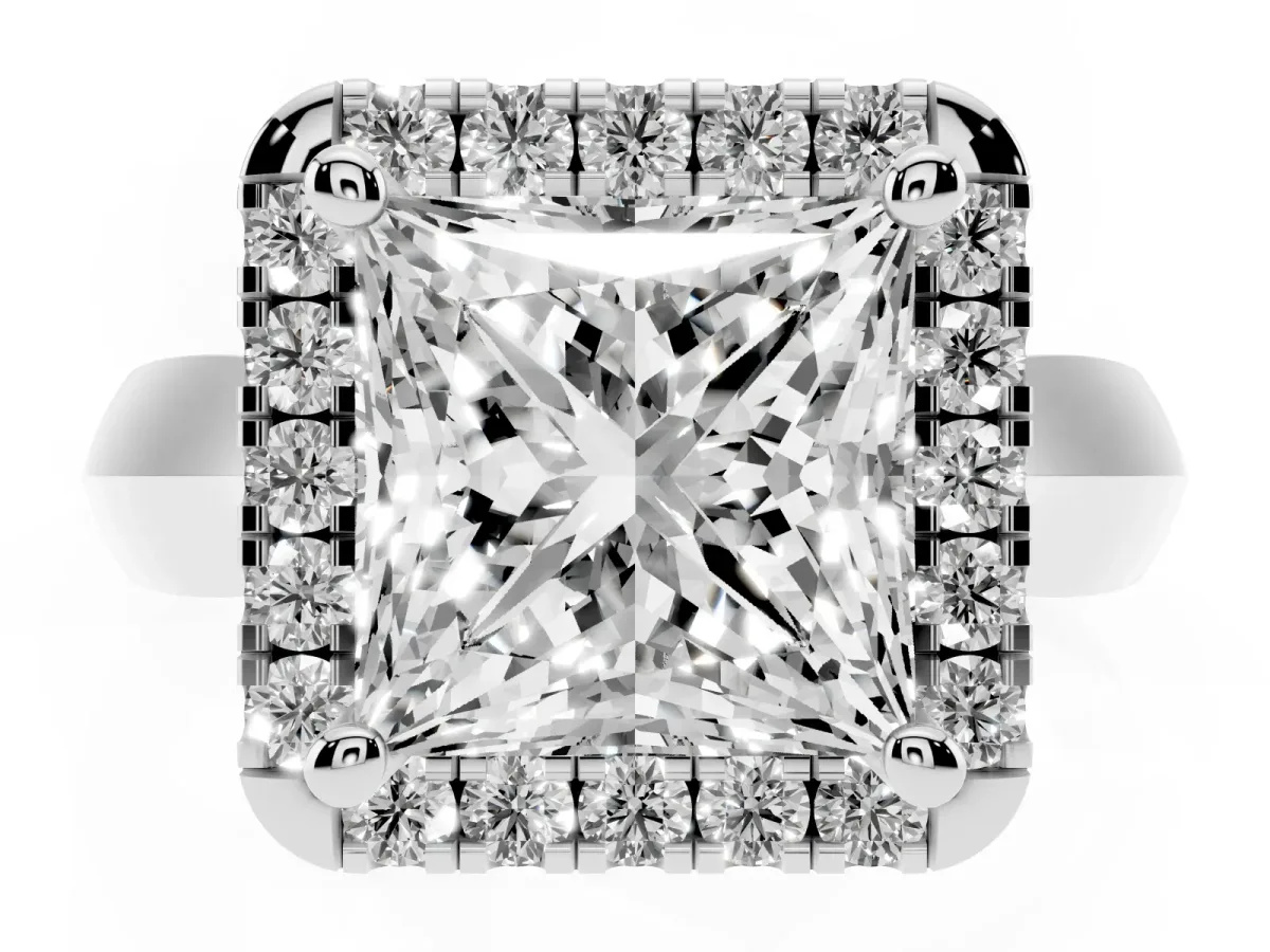 Princess Cut Cut Halo Solitaire Engagement Ring with Square Band and Four-Prong Setting Platinum