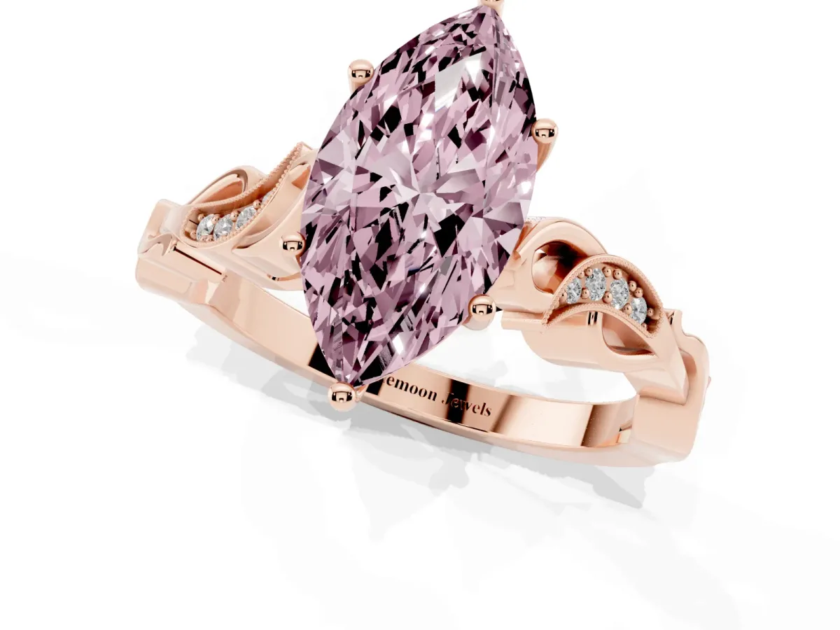 Fancy Pink Marquise Cut Solitaire Vine Band with Milgrain Prong Setting Rose gold