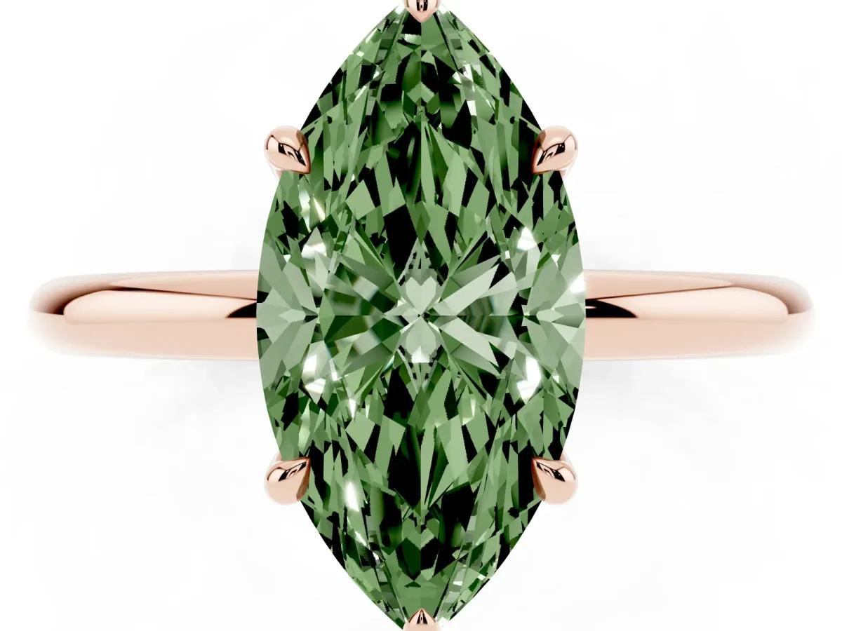 Fancy Green Marquise Cut Diamond Solitaire Ring with Thin Band and Four-Prong Setting Rose gold