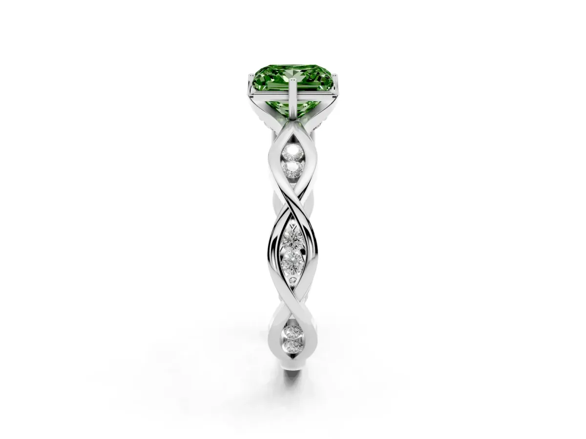 Fancy Green Princess Cut Solitaire Twist Band with Leaf Prong Setting Silver