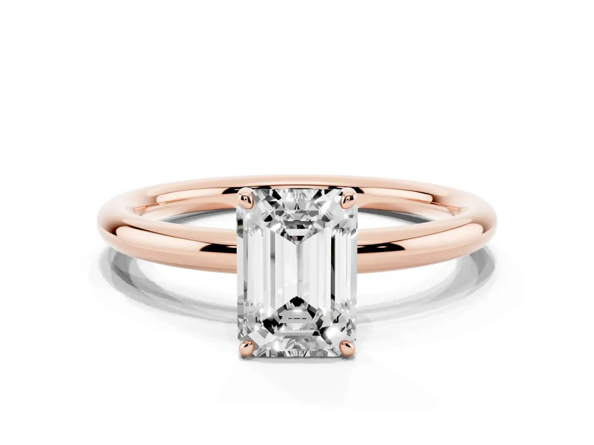 Emerald Cut Solitaire Diamond Ring with Four-Prong Setting on a Plain Band Rose gold