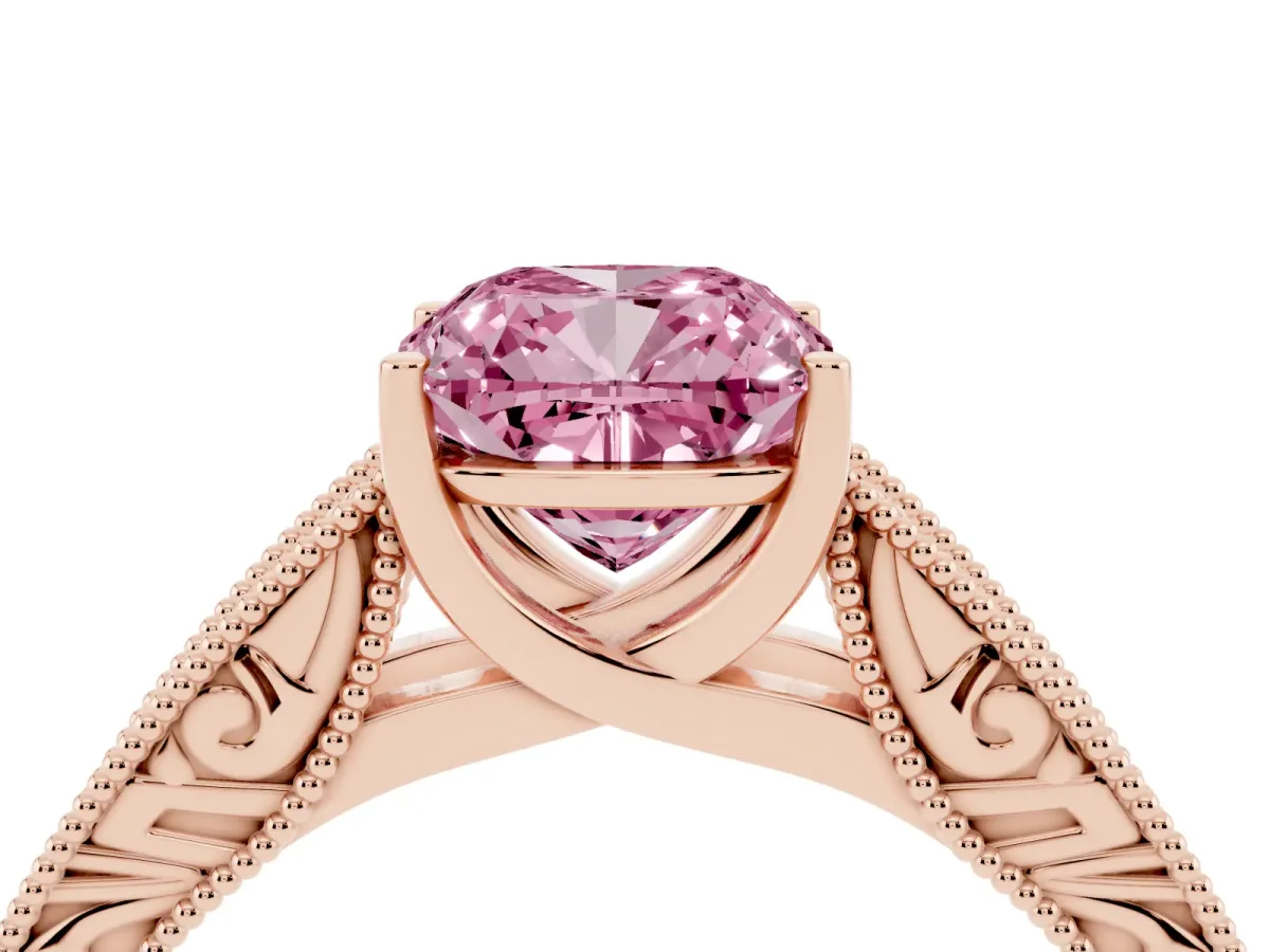 Fancy Pink Cushion Cut Diamond Solitaire Ring with Engraved Band and Four-Prong Setting Rose gold