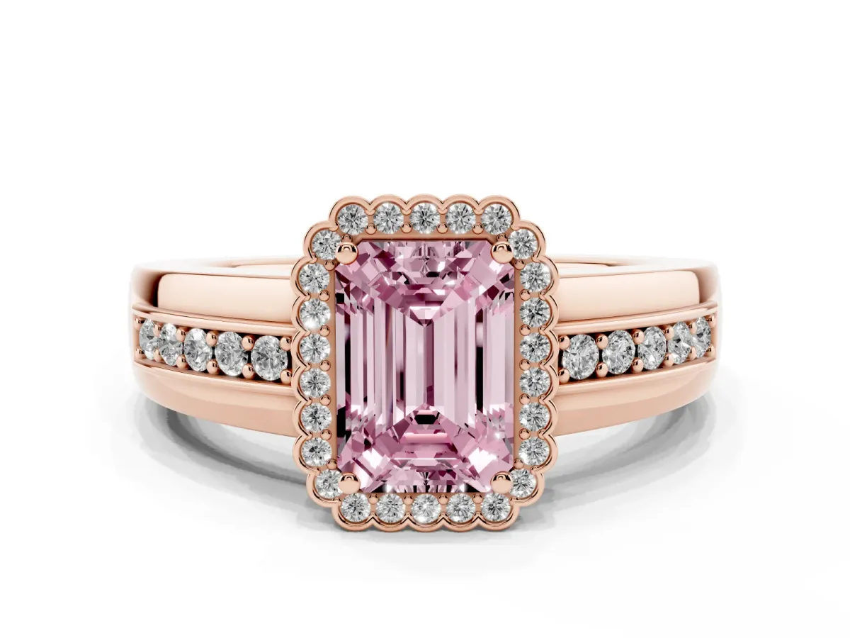 Fancy Pink Emerald Cut Cut Halo Pave Band Four-Prong Ring Rose gold