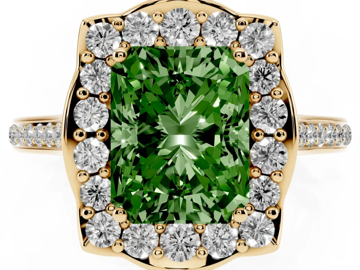 Fancy Green Radiant Cut Halo Round Diamond Pave Band with Four-Prong Setting Yellow gold