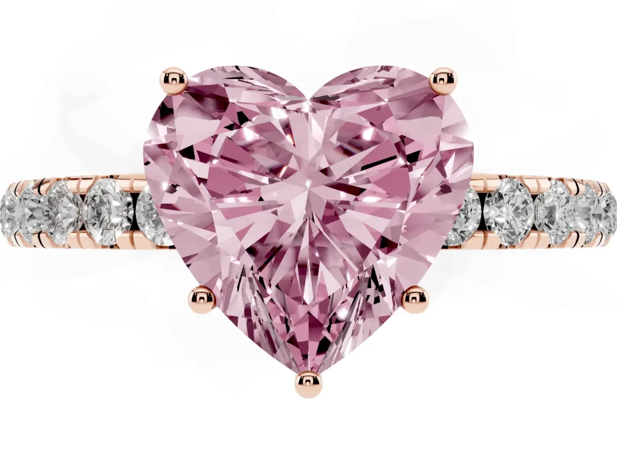 Fancy Pink Heart Cut Diamond Pavé Solitaire Engagement Ring with Four-Prong Setting Rose gold