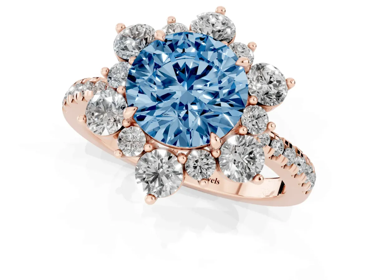 Fancy Blue Round Cut Diamond Floral Halo Ring with Round Pavé Band and Prong Setting Rose gold